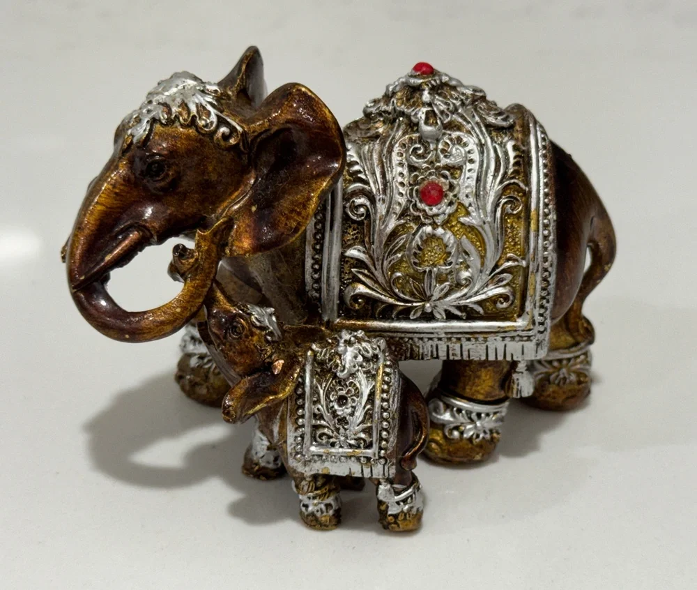 Vintage Ornate Thai Elephant Mother Baby Figurine Bronze Gold Jewels Good Luck